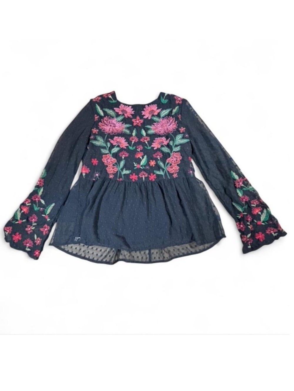 American Eagle Black Embroidered Floral Peplum Blouse Size Small